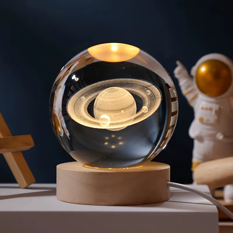 3D Crystal Ball LED Night Lights Moon Saturn Laser Engraved Solar System Globe for Bedroom Table Lamp Children Christmas Gifts