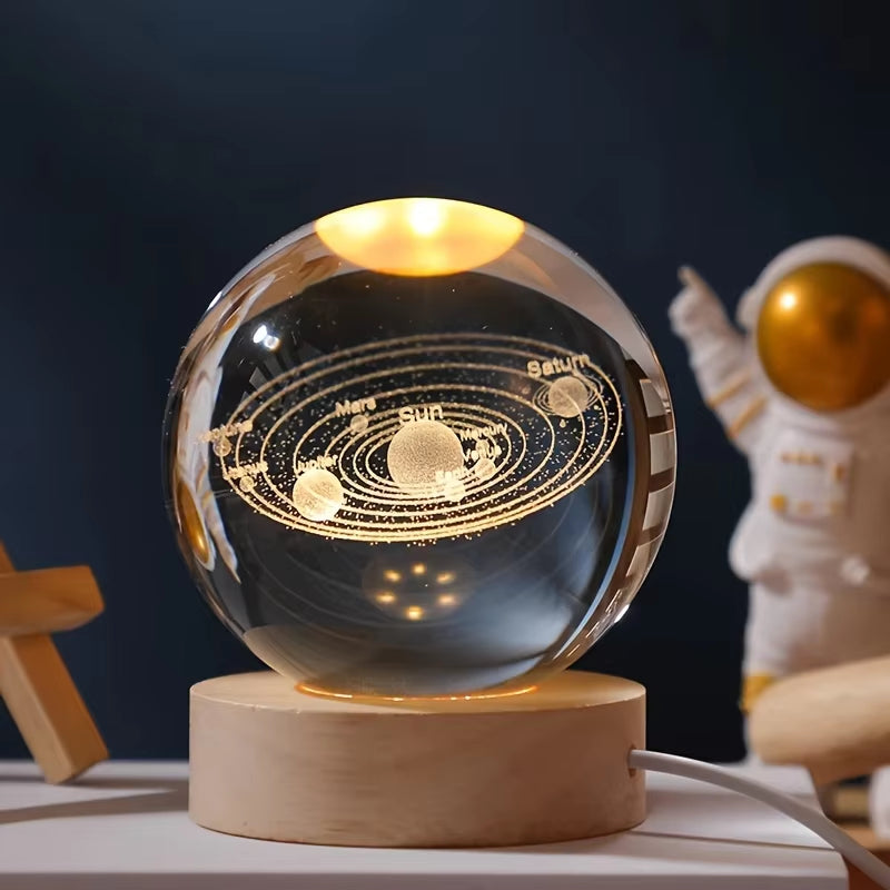 3D Crystal Ball LED Night Lights Moon Saturn Laser Engraved Solar System Globe for Bedroom Table Lamp Children Christmas Gifts