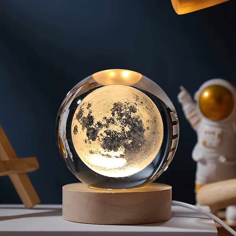 3D Crystal Ball LED Night Lights Moon Saturn Laser Engraved Solar System Globe for Bedroom Table Lamp Children Christmas Gifts